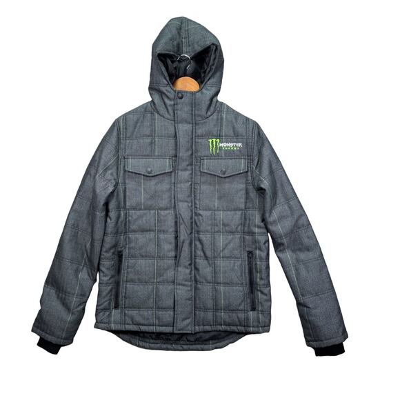 Monster Energy Official Jacket Men's Gray Full Zip Puff Winter Snow Ski Hooded S - Picture 1 of 5